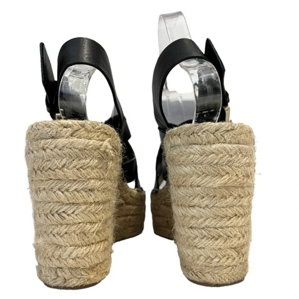 Marc Fisher LTD Wedge Sandals Womens 6.5 Alenni Espadrille Black Leather Jute‎